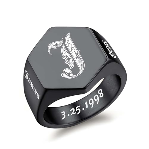 Custom Signet Ring for Men Personalized Initial Ring Custom Mens Rings Engraved Ring Customized Memorial Graduation Gifts for Father Husband Boyfriend Friends - color: Hexagon Black