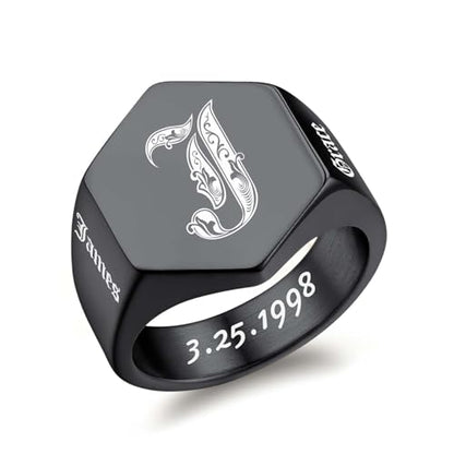 Custom Signet Ring for Men Personalized Initial Ring Custom Mens Rings Engraved Ring Customized Memorial Graduation Gifts for Father Husband Boyfriend Friends - color: Hexagon Black