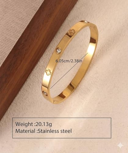 Gold Bangle Bracelet with Crystal Stones, Clover Design, Hinged Cuff, Stainless Steel