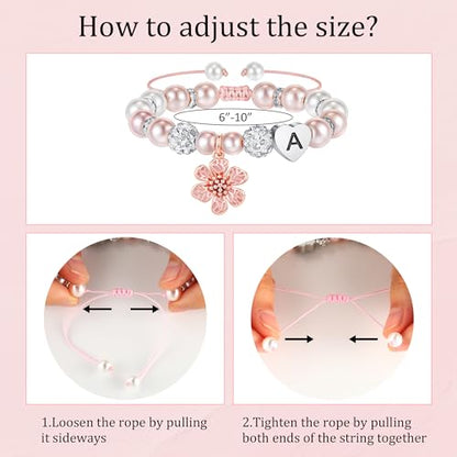 MONOOC Flower Charm Bracelet for Girls Kids - Birthday Gifts for Kids Girls | Gift Box Packaging, Flower Girl Gift，Adjustable Length， Pink Beaded Bracelet for Teen Girls Kids，Unique Initial Bracelet - color: T