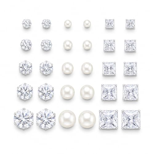 KISS WIFE CZ Stud Earrings Set for Women, Cubic Zirconia Stud Earrings in Multiple Sizes, Triangle Oval Heart Round Pearl Square Earrings, Hypoallergenic Silver Stud Earrings for Cartilage Piercing Jewelry - style: Round+Pearl+Square