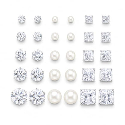 KISS WIFE CZ Stud Earrings Set for Women, Cubic Zirconia Stud Earrings in Multiple Sizes, Triangle Oval Heart Round Pearl Square Earrings, Hypoallergenic Silver Stud Earrings for Cartilage Piercing Jewelry - style: Round+Pearl+Square