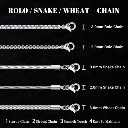 Eusense Stainless Steel Chain Necklace for Men Women Rolo/Wheat/Snake/Box Chain, 2-3MM, 20-24 Inches with Delicate Gift Box - color: Silver, size: 20+2 Inches Length, style: Rolo Chain-2MM Width
