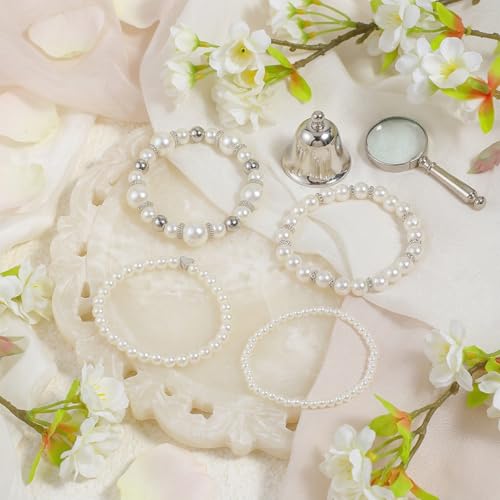 4 Pcs Pearl Bracelets for Women, White Simulated Pearl Beaded Bracelet Set, Stretch Stackable Faux for Women, Elegant Bridal Jewellery