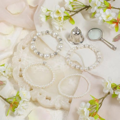 4 Pcs Pearl Bracelets for Women, White Simulated Pearl Beaded Bracelet Set, Stretch Stackable Faux for Women, Elegant Bridal Jewellery