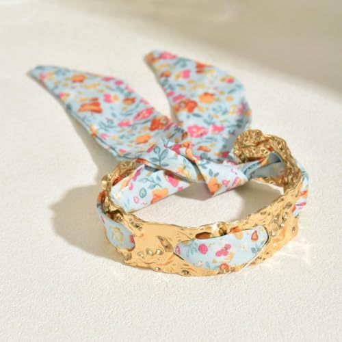 Gold Cuff Bracelets for Women, Boho Western Scarf Bracelet with Ribbon Bow, Adjustable Open Bangle Hair Tie Bracelet, Blue Paisley Bandana Wrist Cuff, Stainless Steel Vacation Festival Jewelry - color: a4:pink