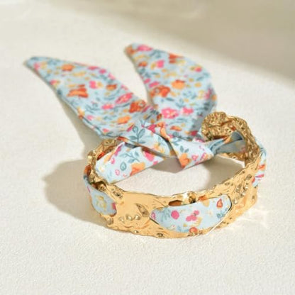 Gold Cuff Bracelets for Women, Boho Western Scarf Bracelet with Ribbon Bow, Adjustable Open Bangle Hair Tie Bracelet, Blue Paisley Bandana Wrist Cuff, Stainless Steel Vacation Festival Jewelry - color: a4:pink
