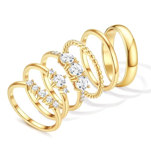 Besteel Gold Rings for Women - Non Tarnish 14K Gold Plated Stackable Rings, Dainty Cubic Zirconia Thin Thumb Ring Set, Trendy Statement Promise Wedding Bands Engagement Ring for Women Size 6-10
