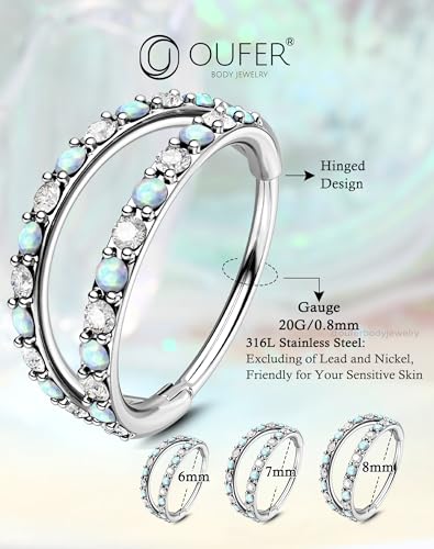 OUFER 20G Nose Rings for Women, 316L Surgical Steel Double Hoop Nose Piercing Jewelry, Opal and CZ Septum Lip Eyebrow Cartilage Conch Rook Helix Tragus Daith Earrings Piercing Jewelry-6/7/8MM - color: Silver