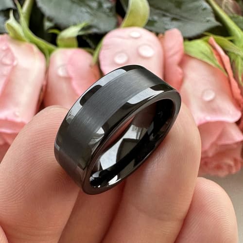 TUTISS 8mm Silver/Black/Gunmetal/Gold Tungsten Rings for Men Women Fashion Engagement Wedding Bands Matte Polished Pipe Cut Comfort Fit - color: 8mm Black Tungsten