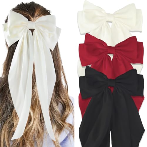 Canitor Hair Bows for Women Silky Satin Hair Ribbon Hair Barrettes Clip Oversized Long Tail Hair Bows Cute Aesthetic Coquette Hair Accessories Preppy Teen Girl Gifts Trendy Stuff Things - color: 02-black,claret,beige