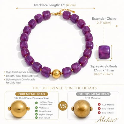 Mchic Colorful Beaded Choker Necklace for Women: Boho Large Square Acrylic Beaded Necklace Stainless Steel Adjustable Surfer Beach Strand Necklaces Summer Handmade Jewelry Gift for Women - color: Purple