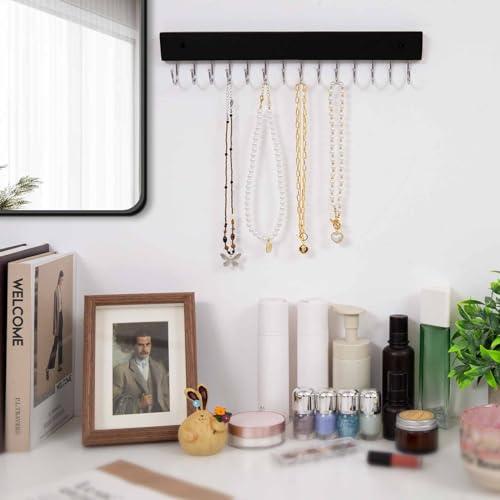 SCUNDA Wall Mounted Necklace Holder, Classic Style Necklace Holder, Tangle-Free Wall Jewelry Organizer with 28 Hooks(2 Packs,Black) - color: Black