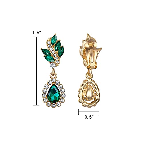 EleQueen Women's Austrian Crystal Art Deco Tear Drop Dangle Earrings Clip-on - color: 06-Gold-tone Emerald Color