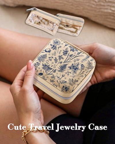 Bistup Travel Jewelry Case - Small Jewelry Organizers and Storage Box for Women Girls Teens Cute Traveling Jewelry Holder with Mirror Little Tiny Compact Modern Unique Aesthetic Pretty, Blue Floral - style: Blue Floral