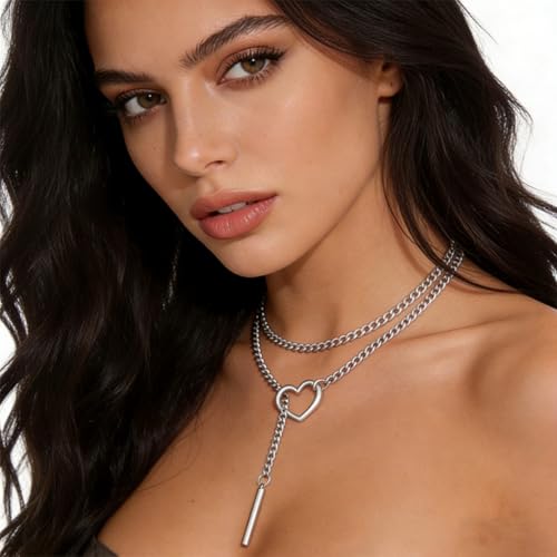 Slip Chain Necklace for Women Gothic Stainless Steel Bar Pendant Cuban Link Necklaces Adjustable Goth O Ring Long Necklaces Punk Rock Collar Choker Trendy Lariat Y Necklace - color: Long silver bar