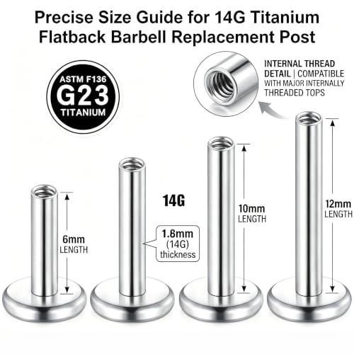 DJCIW G23 Titanium 18G Internally Threaded Flat Back Labret Post Only, 6-12mm Replacement Piercing Shaft for Helix Tragus Nose Lip - color: silver-14G=1.6*6/8/10/12mm