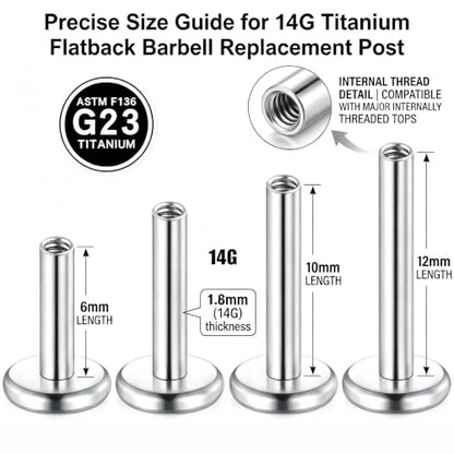 DJCIW G23 Titanium 18G Internally Threaded Flat Back Labret Post Only, 6-12mm Replacement Piercing Shaft for Helix Tragus Nose Lip - color: silver-14G=1.6*6/8/10/12mm