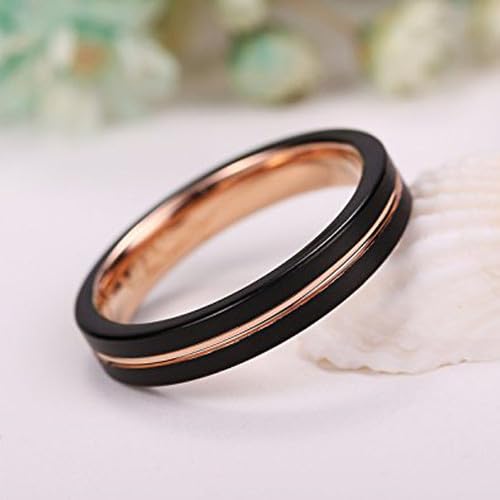 (4mm) Women's Black and Rose Gold Matte Finish Tungsten Carbide Wedding Ring Band. Grooved and Comfort Fit. - size: 11