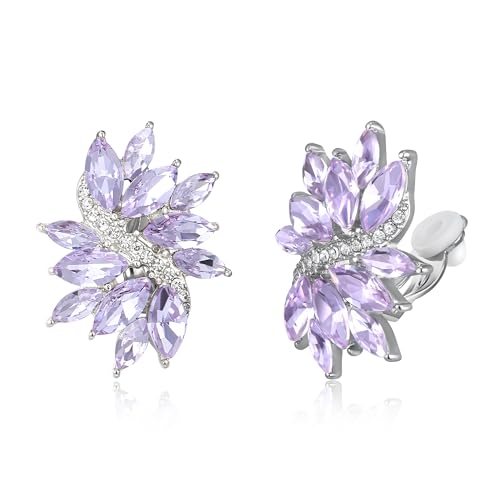 EVER FAITH Sparkly Rhinestone Clip-on Earrings for Women Bride, Fashion Marquise Crystal Cluster Wedding Bridal Stud Earring for Prom Formal Party - color: Light Purple Silver-Tone