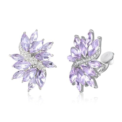 EVER FAITH Sparkly Rhinestone Clip-on Earrings for Women Bride, Fashion Marquise Crystal Cluster Wedding Bridal Stud Earring for Prom Formal Party - color: Light Purple Silver-Tone
