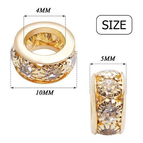 Large Hole Rhinestone Spacer Beads, 40pcs 10mm Crystal Pave Brass Rondelle Beads Fit European Bracelet Snake Chain Jewelry DIY - color: Gold&Silver, size: 10MM