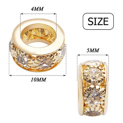 Large Hole Rhinestone Spacer Beads, 40pcs 10mm Crystal Pave Brass Rondelle Beads Fit European Bracelet Snake Chain Jewelry DIY - color: Gold&Silver, size: 10MM