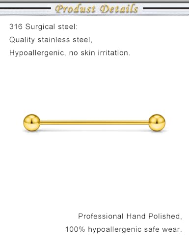 16G 14G Surgical Steel Tongue Rings Nipple Rings Industrial Piercing Jewelry Set Multi Size Straight Barbells 12mm 14mm 16mm 19mm 22mm 28mm 32mm 35mm 38mm 40mm 45mm for Women Men - color: goldtone, size: 16g,bar length 28mm