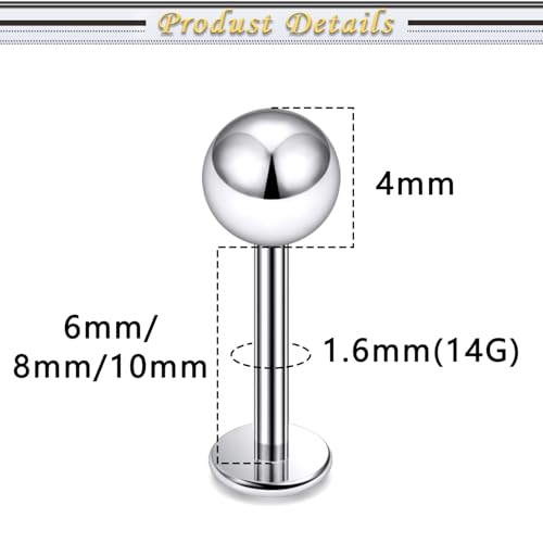Internally Threaded Labret Studs 18G 16G 14G Surgical Steel Lip Piercing Jewelry with Claw Tool Monroe Snake Bite Jewelry Flat Back Barbell for Women Men Plus Piercing Ball Grabber Tool - color: silvertone, size: 14g,ball end