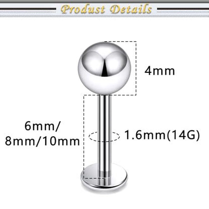 Internally Threaded Labret Studs 18G 16G 14G Surgical Steel Lip Piercing Jewelry with Claw Tool Monroe Snake Bite Jewelry Flat Back Barbell for Women Men Plus Piercing Ball Grabber Tool - color: silvertone, size: 14g,ball end