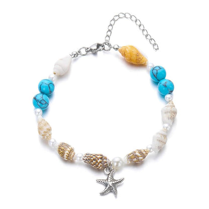 Shell Starfish Bracelet Seahorse Conch Starfish Sea Shell Pearls Charm Stone Bracelet Statement Bohemian Sea Themed Beach Jewelry for Women - color: Blue W