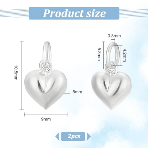 PH PandaHall 2pcs 925 Sterling Silver Charms Puffed Heart Pendants 3D Heart Dangle Pendant for Women Necklace Bracelet Jewelry Making DIY Crafts Mother's Day, 4.2mm Hole - size: 10.5x9x5mm (Pack of 2)