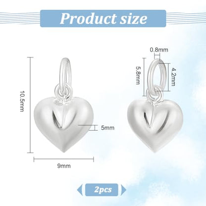 PH PandaHall 2pcs 925 Sterling Silver Charms Puffed Heart Pendants 3D Heart Dangle Pendant for Women Necklace Bracelet Jewelry Making DIY Crafts Mother's Day, 4.2mm Hole - size: 10.5x9x5mm (Pack of 2)