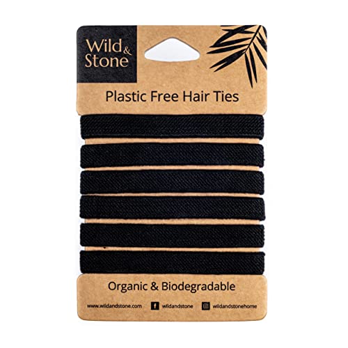 Wild & Stone | Pack of 6 Hair Bands | 100% Biodegradable and Plastic-Free Elastic Hair Ties | 100% Organic Cotton and Natural Plant-Based Rubber | No Crease Ponytail Holder (Black) - color: Black
