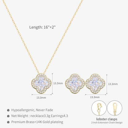 14K Gold Plated | 14K Platinum Plated Necklace for Women Necklace Earrings Set with Sparkling Zircon Inlay and Silver Post Earrings - color: Simple sleek three-leaf gold suit