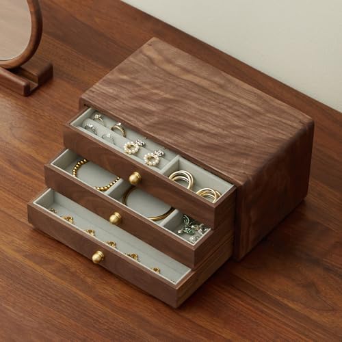 Wooden Jewelry Box, Large, Black Walnut Wood | For Women & Men, Velvet Lined Organizer, 3 Drawers, Brass Handles, Earring Ring Necklace Storage - size: 3 drawers