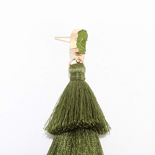 Bohemian Tiered Tassel Earrings with Druzy Stud for Women | Long Layered Fringe Drop Earrings, Statement Jewelry for Party Beach Festival - color: Green