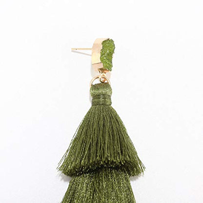 Bohemian Tiered Tassel Earrings with Druzy Stud for Women | Long Layered Fringe Drop Earrings, Statement Jewelry for Party Beach Festival - color: Green