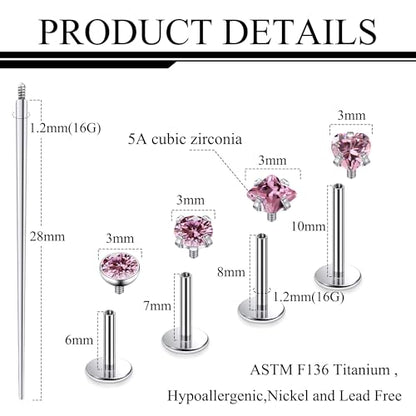 Titanium Flat Back Lip Rings Internally Threaded Earrings Studs Nose Rings 20G 18G 16G Round Heart Square CZ Tragus Cartilage Lobe Rook Helix Conch Labret Medusa Piercing Jewelry for Women Men - color: Pink CZ, size: 16G-6/8/10mm