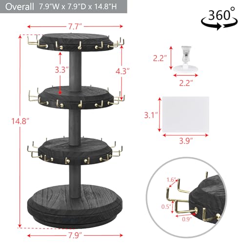 MOOCA 3-Tier Rotating Bracelet Display Stand with 42 Hooks, Jewelry Holder | 3-tier rotating wooden display with 42 hooks keeps bracelets, bangles, watches, and accessories organized and visible. - color: Black, Round Shape