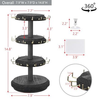 MOOCA 3-Tier Rotating Bracelet Display Stand with 42 Hooks, Jewelry Holder | 3-tier rotating wooden display with 42 hooks keeps bracelets, bangles, watches, and accessories organized and visible. - color: Black, Round Shape