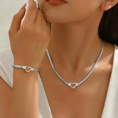 Chunky Flat Curb Chain Necklace and Bracelet Set, Gold/Silvery Stainless Steel Hollow Heart Pendant Jewelry for Women, Valentines Wedding Gift - color: Silvery