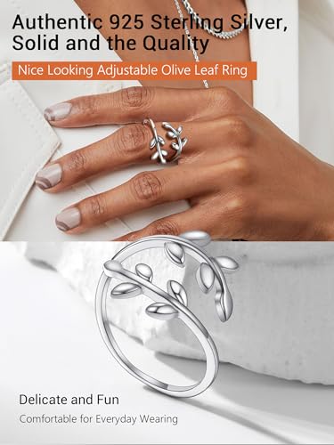 PROSILVER 925 Sterling Silver Adjustable Open Ring for Women, Solid Sterling Silver Stackable Ring, knuckle Finger Ring, Pinky Ring, Come with Box - style: 07 Olive Branch