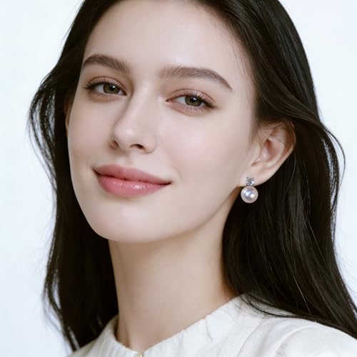 Faux Pearl Cubic Zirconia Stud Earrings, Hypoallergenic Lightweight Round Pearl Studs for Women - color: Pinkish White, size: Pearl 12mm-CZ 6mm