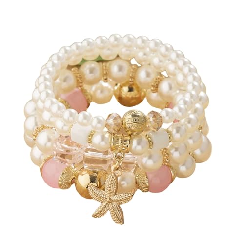 Bohemian Pearl Bracelet Set, 4 Piece Elastic Stretch Beaded Wrist Chain with Starfish Pendant, Boho Faux Pearl Multi-Color Stackable Bracelets for Women - color: Pink