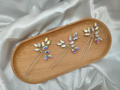 Women's Birthday Party Headpieces Crystal Wedding Prom Hair Accessories 3pcs Pageant Banquet Hairpins,AB - color: ABcolor
