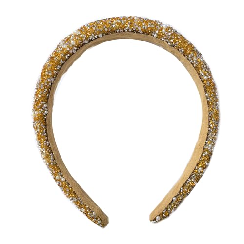 Glitter Crystal Headband for Women Sparkly Bling Diamond Headband Wide Hairband Sparkle Beaded Crystal Headband Thick Padded Headband for Party Non Slip Glitter Hair Hoop (Champagne, L) - color: Champagne
