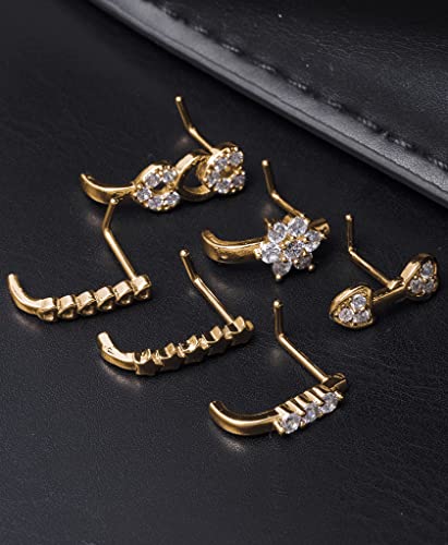 Akeoqi 6-12Pcs Nose Studs Nose Ring Inlaid Cubic Zirconia L Shaped Studs Lotus Star Heart Nose Nostril Piercing Jewelry for Women Men Sliver Gold Rose Gold Tone 20G - color: C: Gold