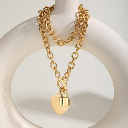 VNOX Personalized Initial Name Stainless Steel Trendy Cable Chain Bracelet Neckalce Set with Padlock Heart Charm and Toggle Clasp Closure - color: Gold Necklace+Bracelet