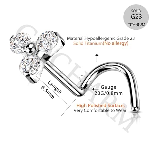 20G Grade 23 (G23) Titanium Screw Nose Studs Ring S-Shaped Diamond Cubic Zirconia Flower Bone Piercing Jewelry